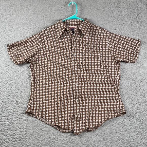 VTG Braidburn 1970s Short Sleeve Shirt Disco Retro Brown White Geometric - Picture 2 of 9